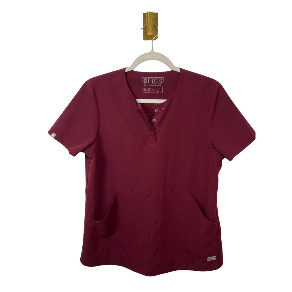 Figs Burgundy Scrub Top Henley Medical Uniform Short Sleeve Maroon Small
